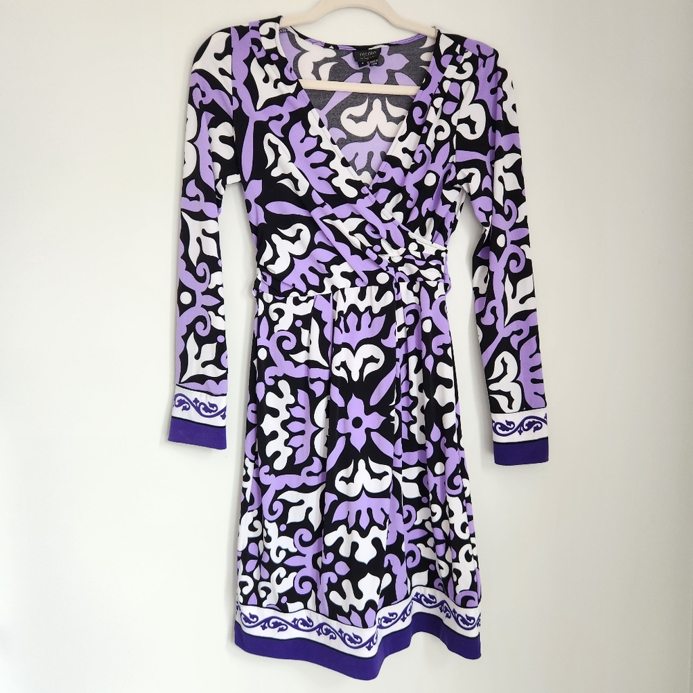 Nicole Miller Faux Wrap Tie Back Midi Dress Size 4 Purple Geometric Long Sleeve